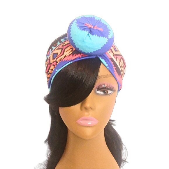 MULTICOLORED AFRICAN PRINT TOP KNOT HEADBAND WRAP AND FACE MASK SET - Picture 2 of 2